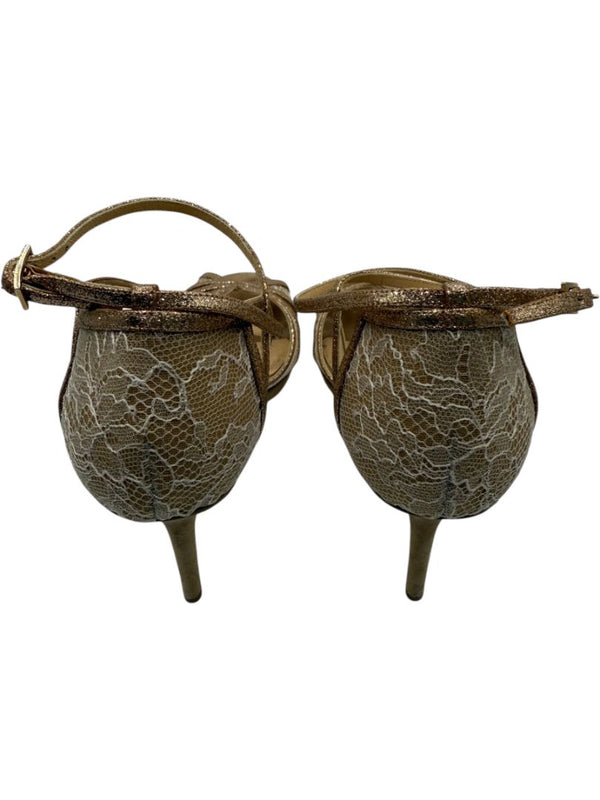 Jimmy Choo Champagne Lace & Glitter Ankle Strap Sandals – Size 39