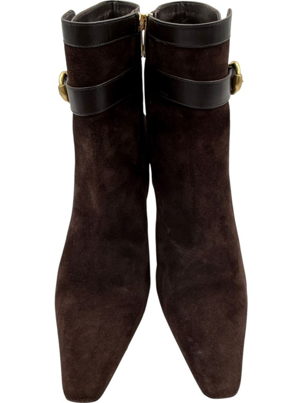 Gianvito Rossi Chocolate Brown Suede & Leather Buckle Booties – Size 39.5