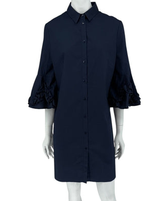 Lela Rose Navy Cotton Shirt Dress with Ruffle Sleeves – Size 10