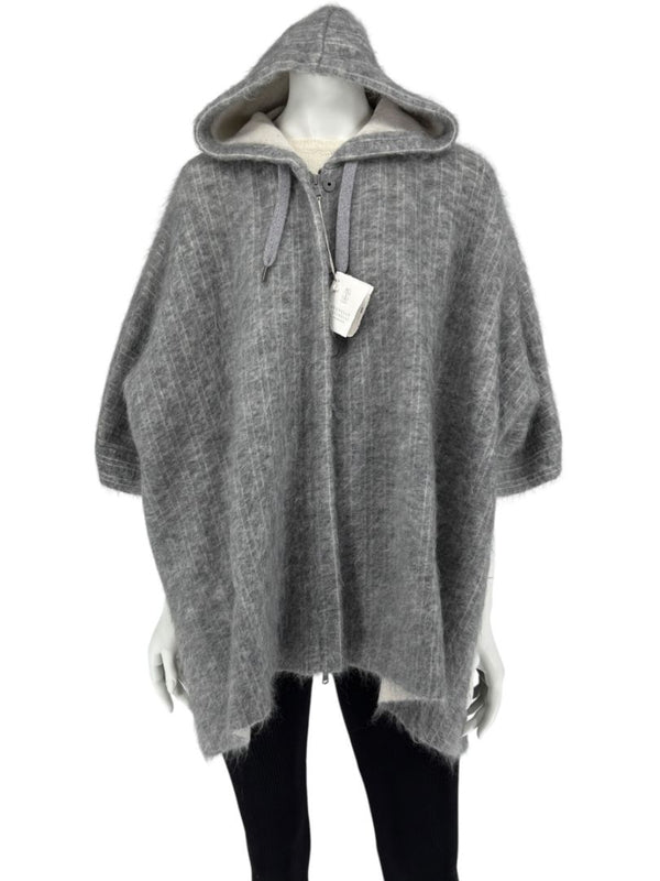 Brunello Cucinelli Grey Mohair-Cashmere Hooded Cape Jacket – Size XS