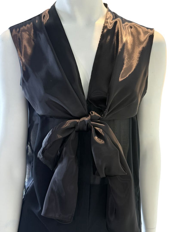 Akris Bergdorf Goodman Black Sleeveless Sheer Silk & Cotton Tie-Front Blouse – Size 10