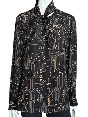 Akris Punto Black & Sand Silk Circuit Print Bow Blouse – Size 10