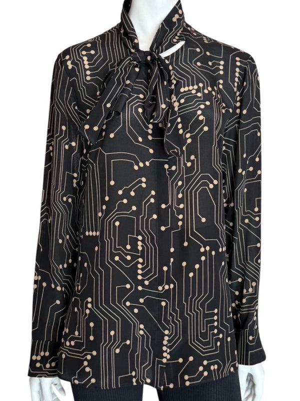 Akris Punto Black & Sand Silk Circuit Print Bow Blouse – Size 10