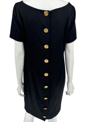 Pamella Roland Black Back Button Shift Dress with Gold Hardware - Large