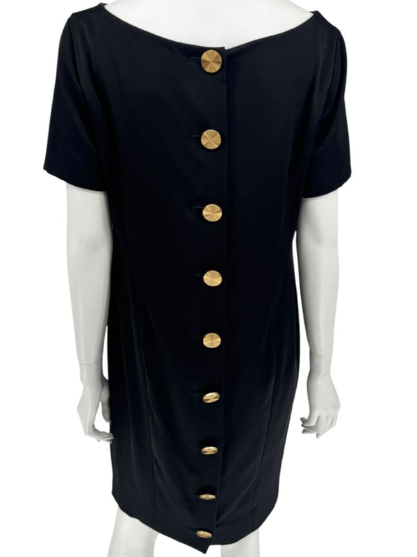 Pamella Roland Black Back Button Shift Dress with Gold Hardware - Large