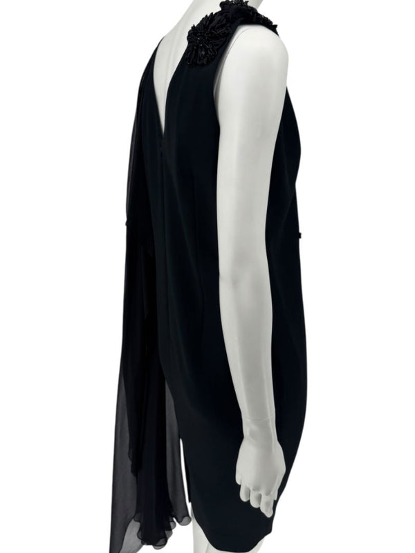 Pamella Roland Black Embellished One-Shoulder Cocktail Dress with Chiffon Drape – Large