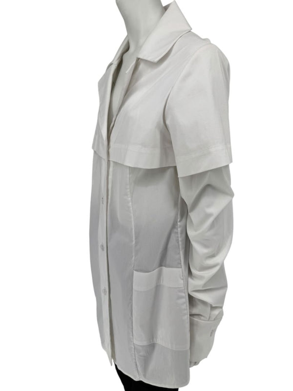 Pamella Roland White Button-Front Shirt with Cape Detail – Large