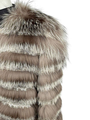 Pamella Roland Taupe Silver Fur Cape Style Jacket with Lace Trim – Sample Size Fits Like Large