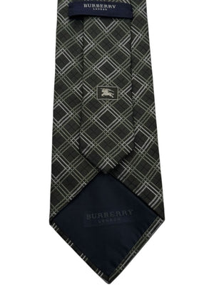 Burberry London Olive Green Geometric Plaid Silk Tie
