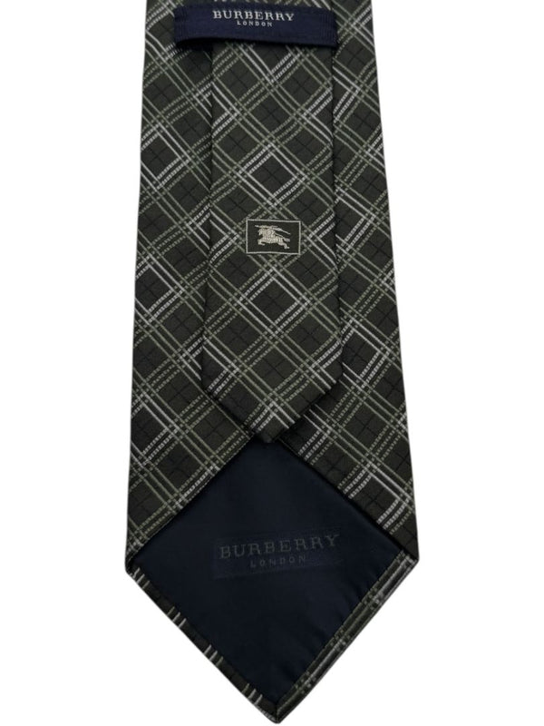 Burberry London Olive Green Geometric Plaid Silk Tie