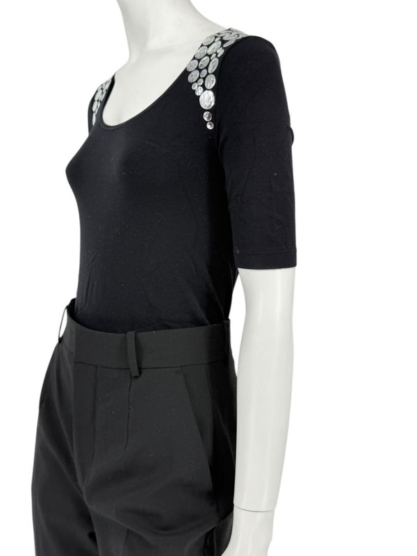 Wolford Black Embellished Shoulder "Heavy Metal" Bodysuit – Size XS