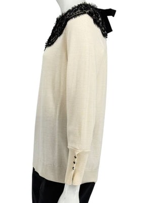Oscar de la Renta Ivory Knit Sweater with Black Lace Embellished Collar – Size XL