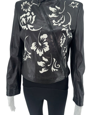 Giorgio Armani Black Lambskin Leather Floral Jacket – Size 40 (IT)
