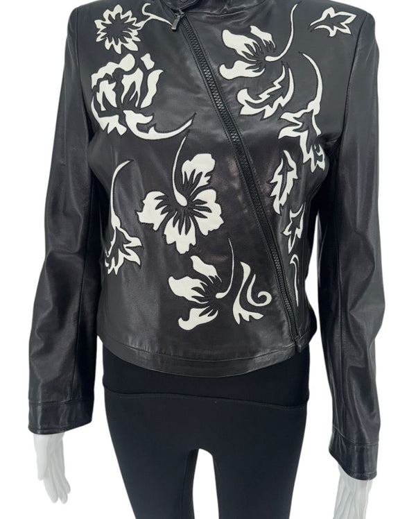 Giorgio Armani Black Lambskin Leather Floral Jacket – Size 40 (IT)