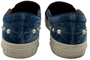 Aquazzura 'Cosmic Pearls' Slip-On Sneakers in Ocean Blue Velvet – Size 37 – Good Preowned Condition