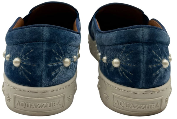 Aquazzura 'Cosmic Pearls' Slip-On Sneakers in Ocean Blue Velvet – Size 37 – Good Preowned Condition