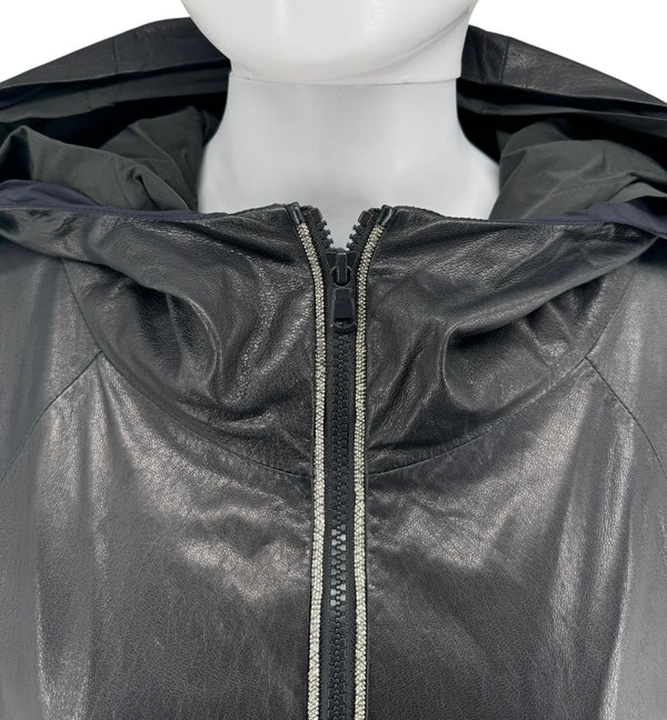 Brunello Cucinelli Blue/Black Leather Hooded Jacket – Size IT 42 (US 6)