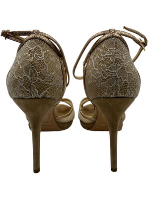 Jimmy Choo Champagne Lace & Glitter Ankle Strap Sandals – Size 39