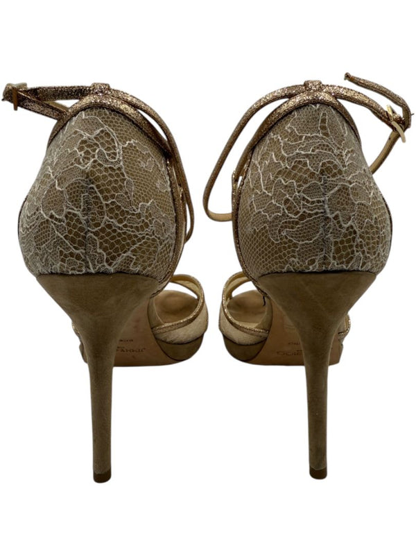 Jimmy Choo Champagne Lace & Glitter Ankle Strap Sandals – Size 39