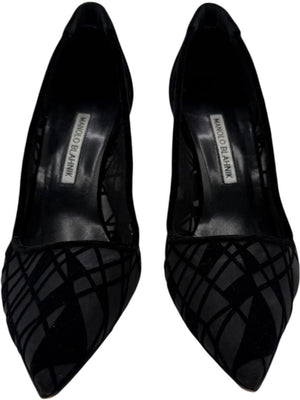 Manolo Blahnik Black Velvet & Mesh Geometric Pumps – Size 39.5