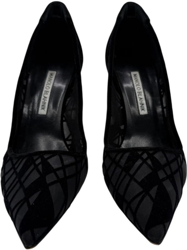 Manolo Blahnik Black Velvet & Mesh Geometric Pumps – Size 39.5
