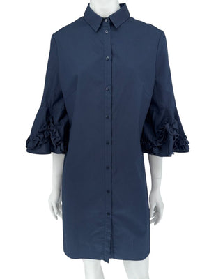 Lela Rose Navy Cotton Shirt Dress with Ruffle Sleeves – Size 10