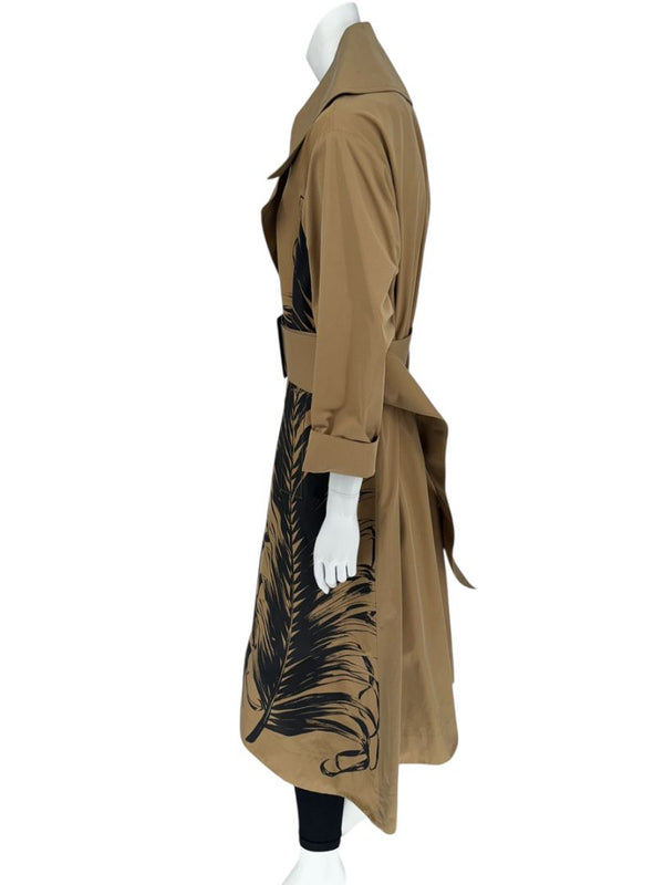 Oscar de la Renta Sand Trench Coat with Black Palm Print – Size 6
