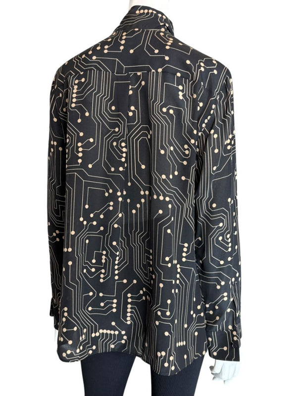 Akris Punto Black & Sand Silk Circuit Print Bow Blouse – Size 10