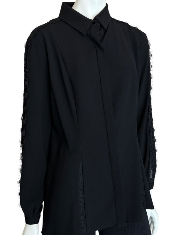 Pamella Roland Black Longsleeve Blouse with Lace Inset - Large