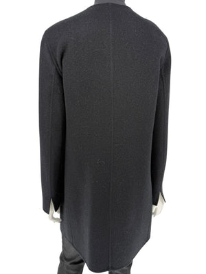 Pamella Roland Black Wool Blend Long Coat Minimalist Hidden Snap Closure - Large