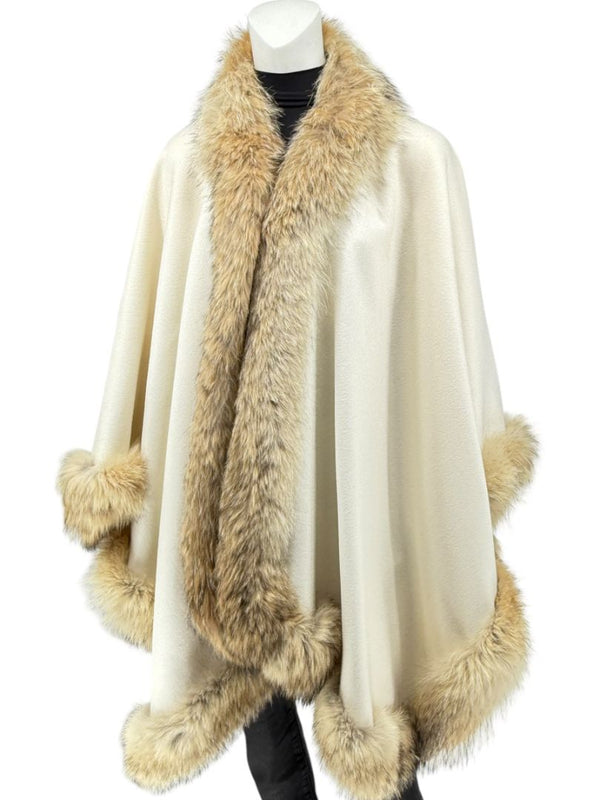 Pamella Roland Ivory Wool Cape Jacket with Natural Fur Trim – O/S