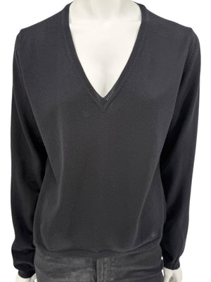 Burberry London Black Extrafine Merino Wool V-Neck Sweater – Size L