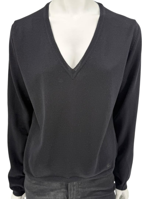 Burberry London Black Extrafine Merino Wool V-Neck Sweater – Size L