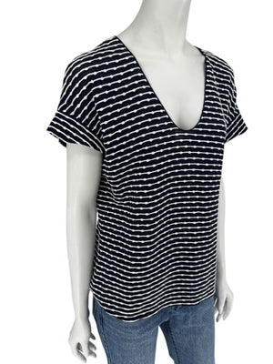 Armani Collezioni Made in Italy Navy & White Textured Stripe V-Neck Top – Size 12