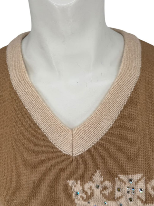 Misselle Les Copains Tan Embellished Crest Sweater Vest – Size L