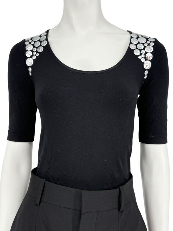 Wolford Black Embellished Shoulder "Heavy Metal" Bodysuit – Size XS