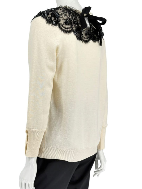 Oscar de la Renta Ivory Knit Sweater with Black Lace Embellished Collar – Size XL