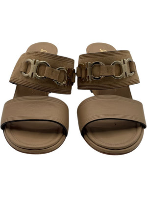 Salvatore Ferragamo Tan Leather & Suede Wedge Sandals – Size 9