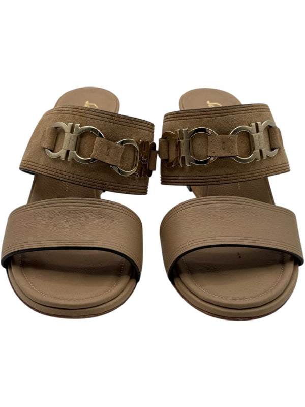 Salvatore Ferragamo Tan Leather & Suede Wedge Sandals – Size 9