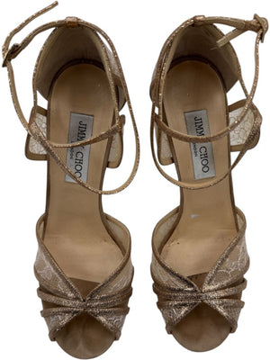 Jimmy Choo Champagne Lace & Glitter Ankle Strap Sandals – Size 39