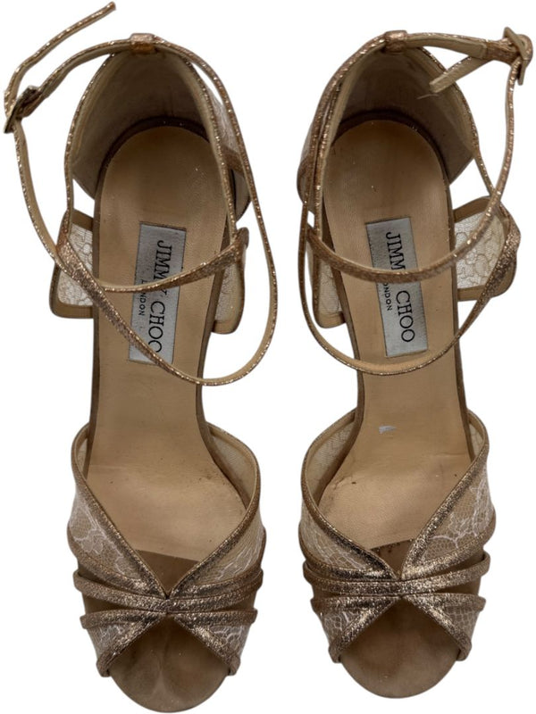 Jimmy Choo Champagne Lace & Glitter Ankle Strap Sandals – Size 39