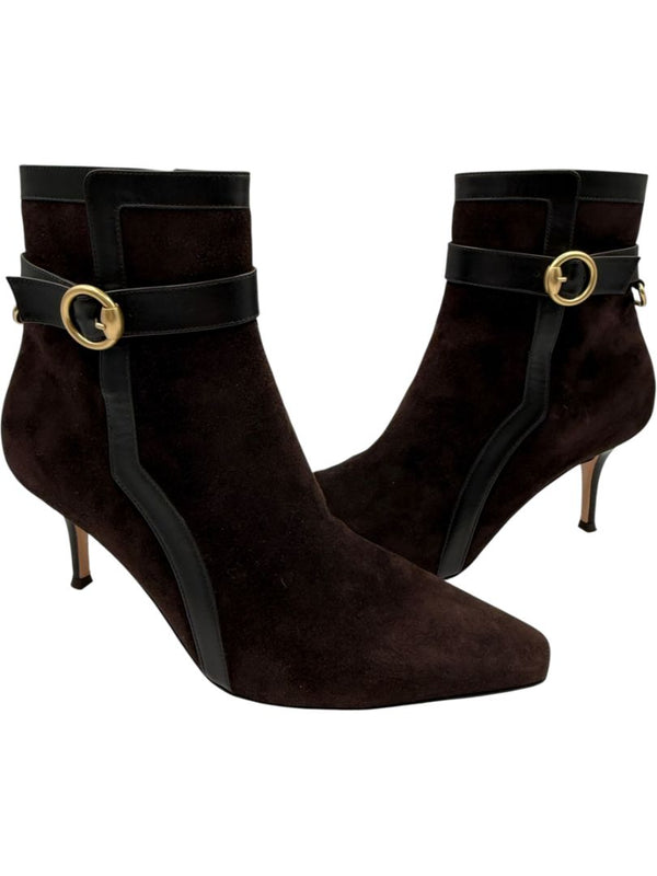 Gianvito Rossi Chocolate Brown Suede & Leather Buckle Booties – Size 39.5