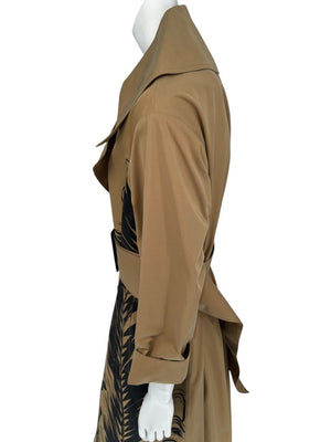 Oscar de la Renta Sand Trench Coat with Black Palm Print – Size 6