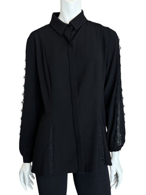 Pamella Roland Black Longsleeve Blouse with Lace Inset - Large