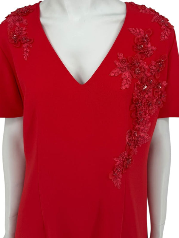Pamella Roland Red Embellished V-Neck Shift Dress – Large