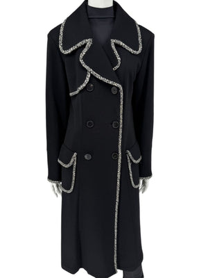 Lida Baday Black Wool Long Coat with Metallic Braid Trim – Size 12