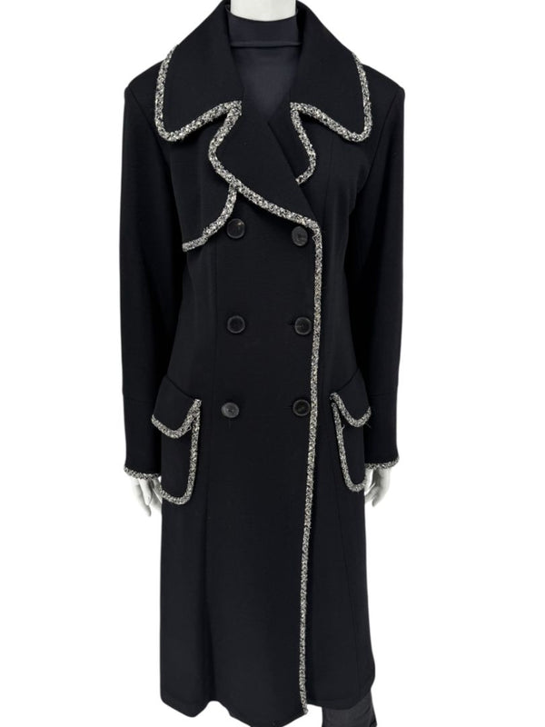 Lida Baday Black Wool Long Coat with Metallic Braid Trim – Size 12