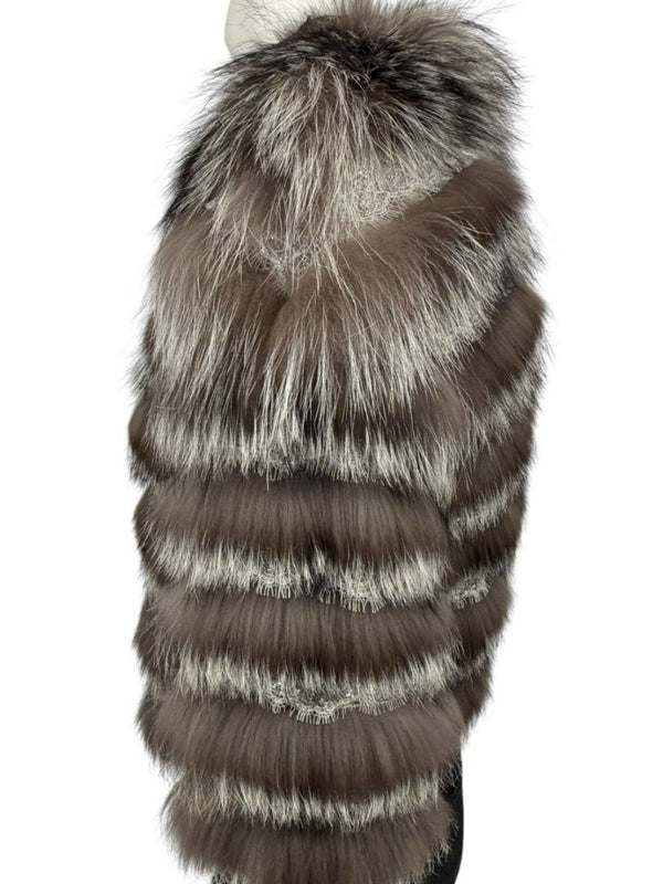 Pamella Roland Taupe Silver Fur Cape Style Jacket with Lace Trim – Sample Size Fits Like Large
