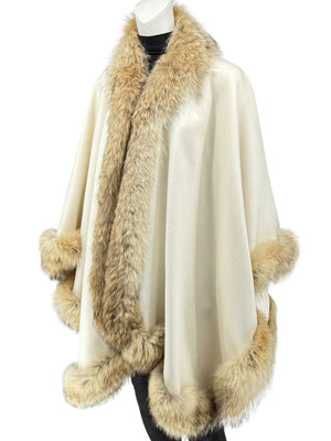 Pamella Roland Ivory Wool Cape Jacket with Natural Fur Trim – O/S