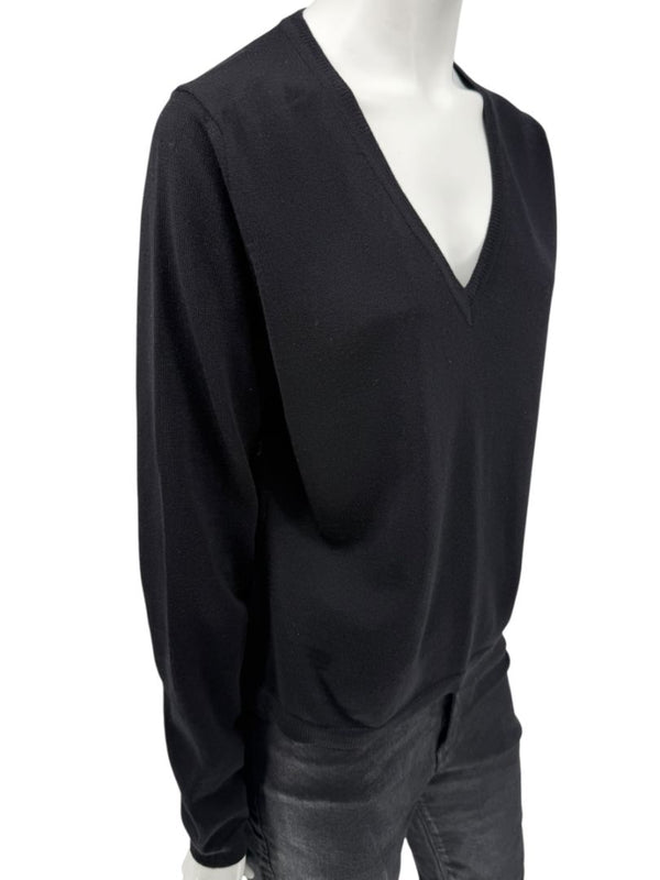 Burberry London Black Extrafine Merino Wool V-Neck Sweater – Size L